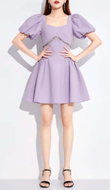 PUFF SLEEVES WAIST-TIGHTENING MINI DRESS IN LILAC DRESS styleofcb