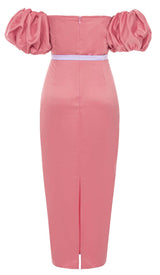 PUFF BODYCON SATIN MIDI DRESS IN ROSE DRESS STYLE OF CB