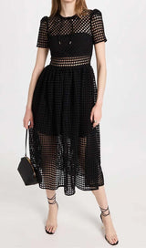 PUFFED SLEEVE LACE MIDI DRESS IN BLACK DRESS STYLE OF CB