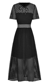 PUFFED SLEEVE LACE MIDI DRESS IN BLACK DRESS STYLE OF CB