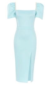 PUFF SLEEVE PEARL MIDI DRESS IN LIGHT BLUE DRESS STYLE OF CB