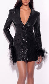 BLACK SEQUIN FEATHER TRIM BLAZER DRESS Dresses styleofcb
