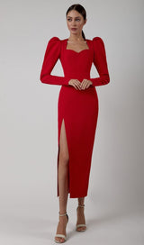 RED PUFF SEELVE BANDAGE MIDI DRESS Dresses styleofcb