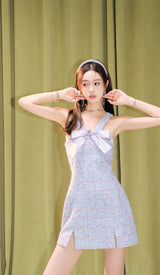 RHINESTONE BOWTIE TWEED MINI DRESS IN PURPLE DRESS STYLE OF CB