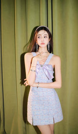 RHINESTONE BOWTIE TWEED MINI DRESS IN PURPLE DRESS STYLE OF CB