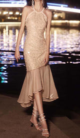 RHINESTONE MERMAID MIDI DRESS IN KHAKI DRESS STYLE OF CB