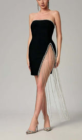 RHINESTONE TASSEL MINI BANDAGE DRESS IN BLACK DRESS STYLE OF CB