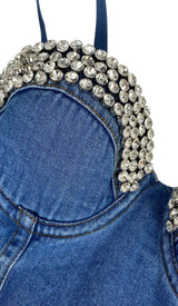 RHINESTONE BACKLESS CROPPED TOP IN NAVY BLUE DRESS STYLE OF CB
