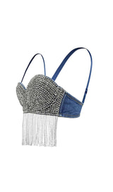 RHINESTONE TASSEL DENIM CROPPED TOP IN BLUE DRESS STYLE OF CB