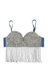 RHINESTONE TASSEL DENIM CROPPED TOP IN BLUE DRESS STYLE OF CB