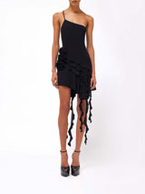 ROSE-DETAIL RUFFLED MINI DRESS IN BLACK DRESS styleofcb