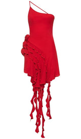 ROSE-DETAIL RUFFLED MINI DRESS IN RED DRESS styleofcb