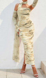 RUCHED BANDEAU MIDI DRESS IN BEIGE DRESS STYLE OF CB