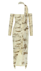 RUCHED BANDEAU MIDI DRESS IN BEIGE DRESS STYLE OF CB