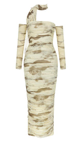 RUCHED BANDEAU MIDI DRESS IN BEIGE DRESS STYLE OF CB