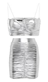 RUCHED BRALETTE AND SKIRT SET IN SLIVER styleofcb