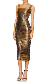 RUCHED METALLIC MIDI DRESS IN GOLD DRESS STYLE OF CB