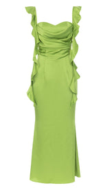 RUCHED SATIN MAXI DRESS IN GREEN DRESS STYLE OF CB