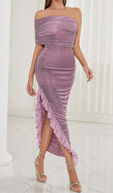 RUFFED OFF SHOULDER HIGH LOW DRESS IN LAVENDER styleofcb