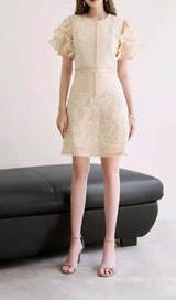 RUFFLE BUTTON LINE MIDI DRESS IN BEIGE styleofcb