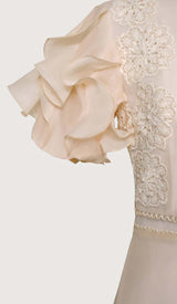 RUFFLE BUTTON LINE MIDI DRESS IN BEIGE styleofcb