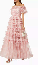 RUFFLE OFF SHOULDER TIERED MIDI DRESS IN PINK styleofcb