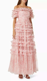 RUFFLE OFF SHOULDER TIERED MIDI DRESS IN PINK styleofcb