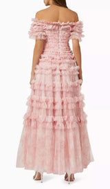 RUFFLE OFF SHOULDER TIERED MIDI DRESS IN PINK styleofcb