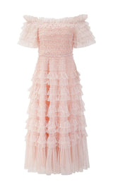 RUFFLE OFF SHOULDER TIERED MIDI DRESS IN PINK styleofcb