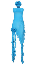 RUFFLE ROSETTE MESH MIDI DRESS IN BLUE styleofcb