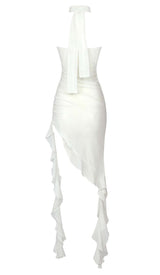 RUFFLE ROSETTE MESH MIDI DRESS IN WHITE styleofcb