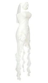 RUFFLE ROSETTE MESH MIDI DRESS IN WHITE styleofcb