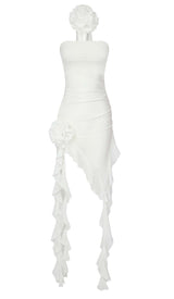 RUFFLE ROSETTE MESH MIDI DRESS IN WHITE styleofcb