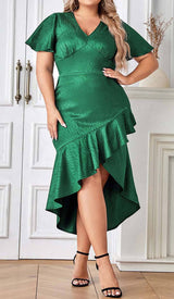 RUFFLE TRIM WRAP MIDI DRESS IN GREEN DRESS STYLE OF CB