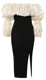 RUFFLE COLD SHOULDER MIDI DRESS IN BLACK DRESS STYLE OF CB