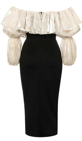 RUFFLE COLD SHOULDER MIDI DRESS IN BLACK DRESS STYLE OF CB