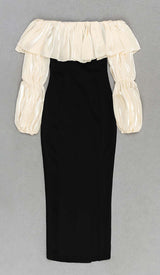 RUFFLE COLD SHOULDER MIDI DRESS IN BLACK DRESS STYLE OF CB