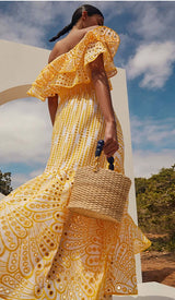 RUFFLE COLD SHOULDER MIDI DRESS IN YELLOW DRESS STYLE OF CB