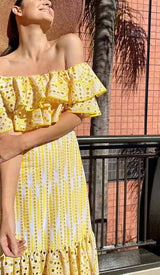 RUFFLE COLD SHOULDER MIDI DRESS IN YELLOW DRESS STYLE OF CB