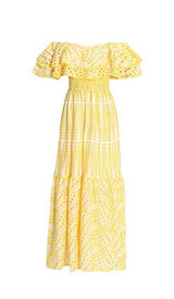 RUFFLE COLD SHOULDER MIDI DRESS IN YELLOW DRESS STYLE OF CB S YELLOW