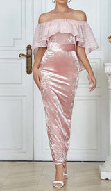 RUFFLED BANDEAU SATIN MAXI DRESS IN PINK styleofcb