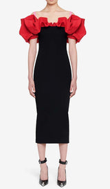 RUFFLED PENCIL MIDI DRESS IN BLACK DRESS sis label
