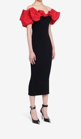 RUFFLED PENCIL MIDI DRESS IN BLACK DRESS sis label