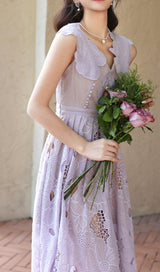 RUFFLED SLEEVELESS MIDI DRESS IN PURPLE DRESS sis label