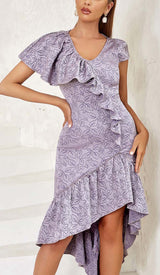 RUFFLED V-NECK ASYMMETRIC MIDI DRESS IN PURPLE DRESS styleofcb