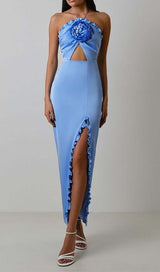 RUFFLE FLOWER-EMBELLISHED MIDI DRESS IN BLUE DRESS STYLE OF CB