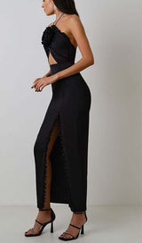 RUFFLE FLOWER-EMBELLISHED MIDI DRESS IN BLACK DRESS STYLE OF CB