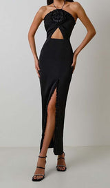 RUFFLE FLOWER-EMBELLISHED MIDI DRESS IN BLACK DRESS STYLE OF CB