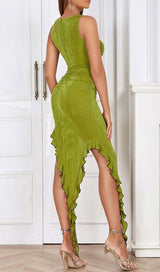 RUFFLE SLIT MIDI DRESS IN DARK CHARTREUSE DRESS STYLE OF CB