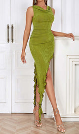 RUFFLE SLIT MIDI DRESS IN DARK CHARTREUSE DRESS STYLE OF CB